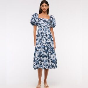 Abercrombie & Fitch Emerson Poplin Puff Sleeve Midi Dress in blue & white floral